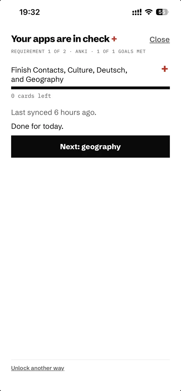 An Anki goal screen showing 0 cards left and Done for today, with a button for the next requirement.