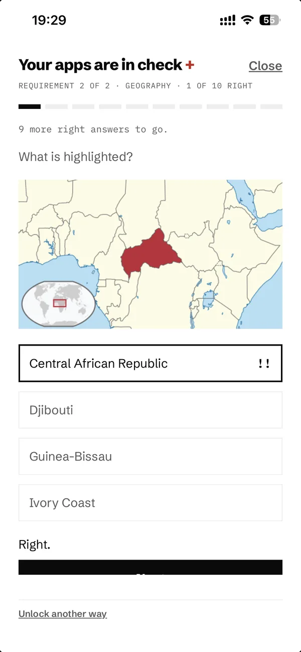 A geography question asking which country is highlighted on a map, with Central African Republic marked.