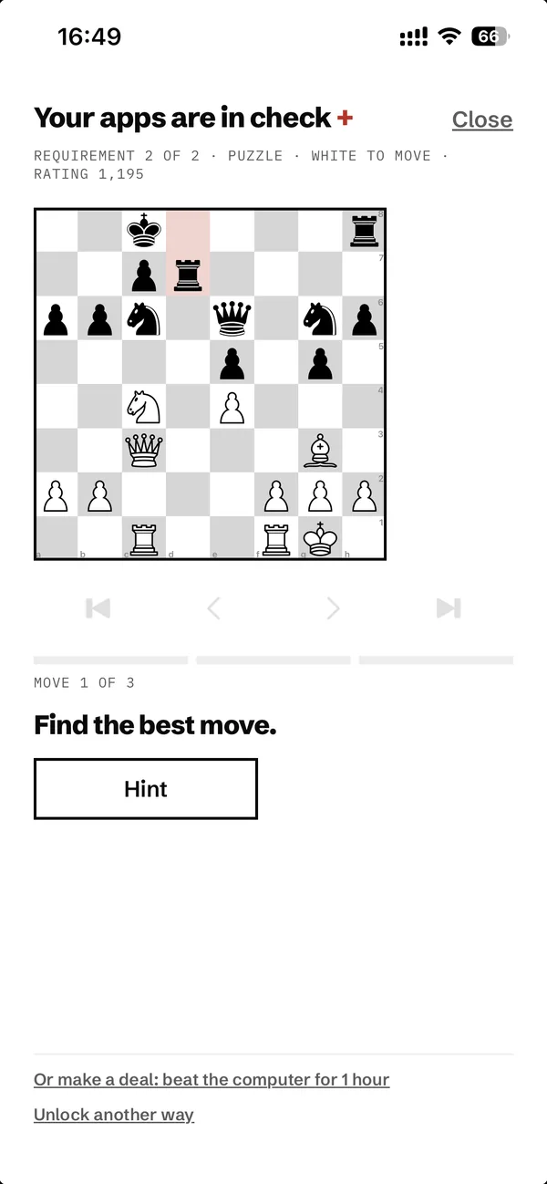 A chess puzzle with the prompt Find the best move and a Hint button.